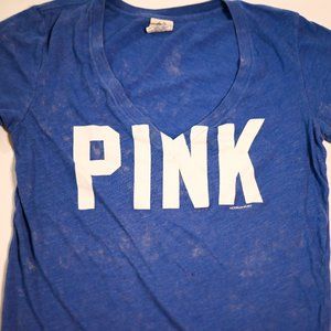 PINK Victoria's Secret Small V-Neck Sky Blue & White Short Sleeve T-Shirt
